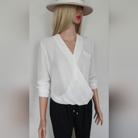 TOPSHOP BLOUSE CHIFFON SEMI SHEER FAUX WRAP LONG SLEEVE SHIRT US.2 - Picture 6 of 9